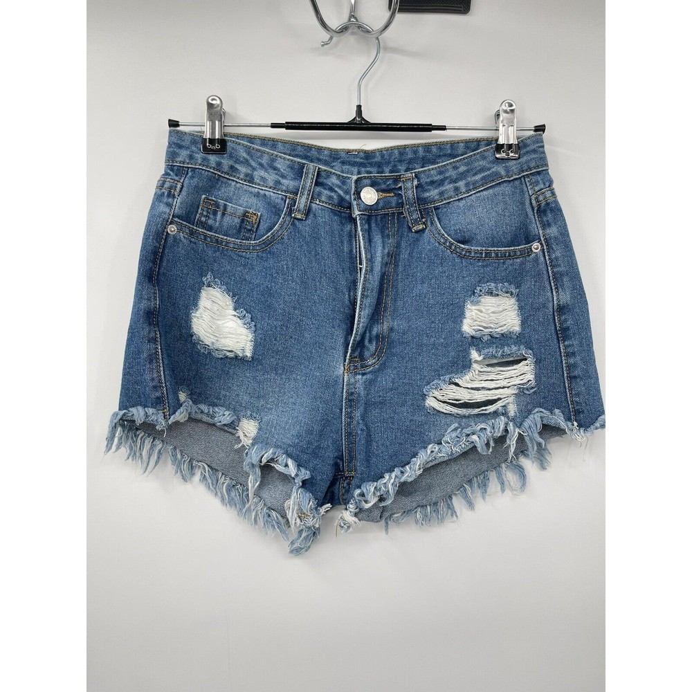 SHEIN Medium Denim Shorts Women Blue Distressed Frayed Hem High Rise Cutoffs‎